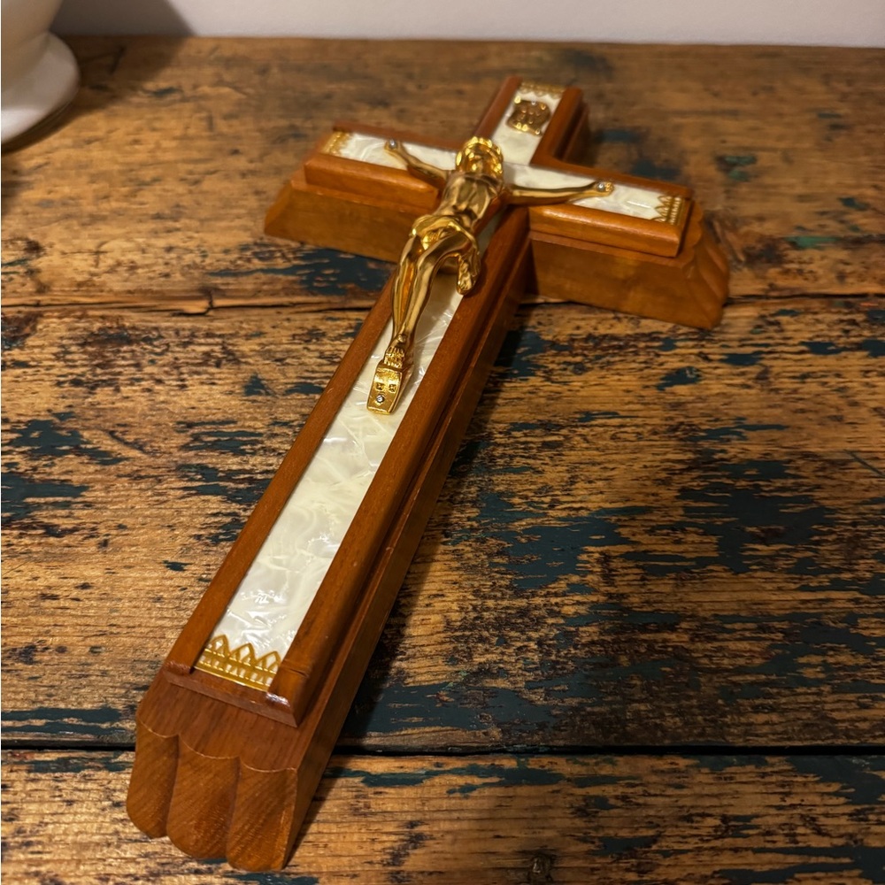 Wooden Sick Call Crucifix with Gold Accents